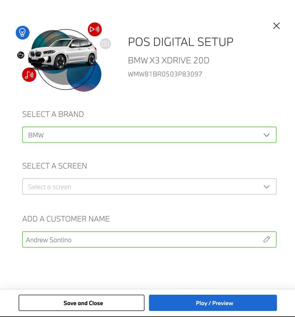 BMW POS Digital consolidated setup screen